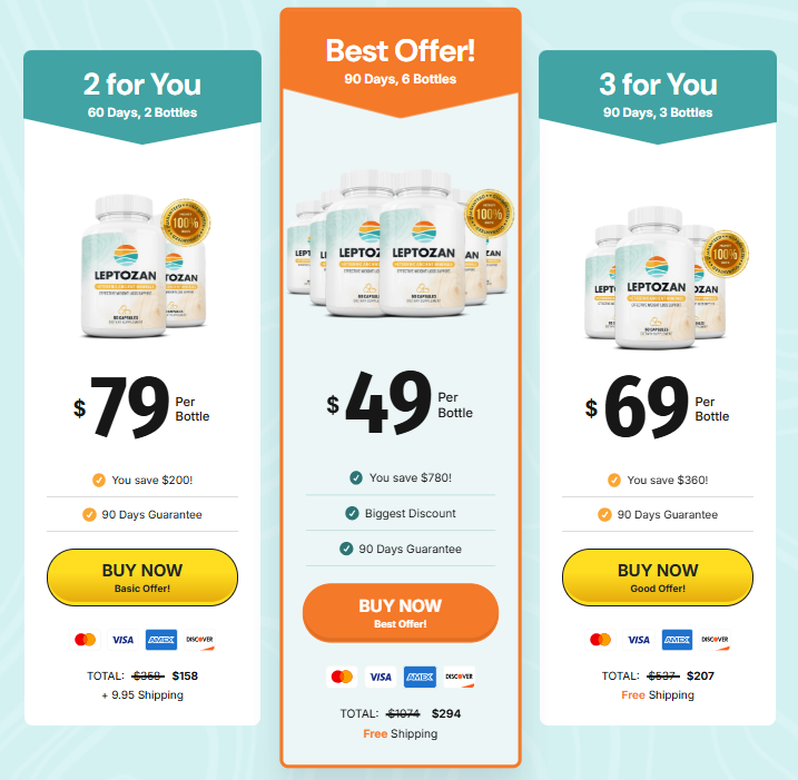 Leptozan pricing packages showing bottle options and savings